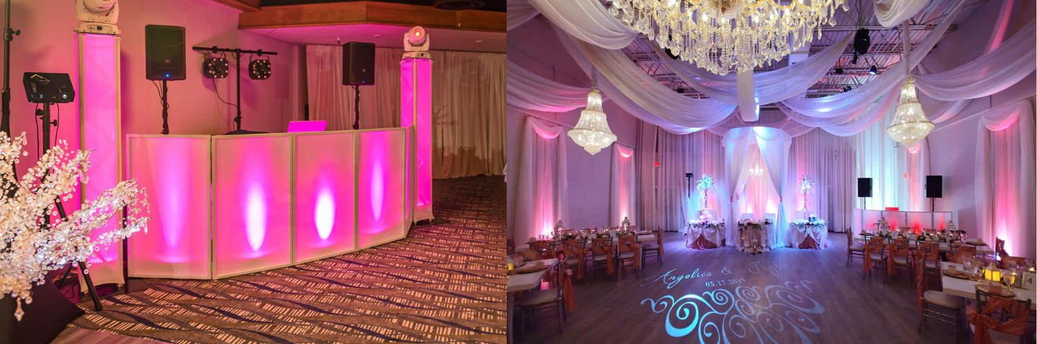 Pink-lit banquet hall with draped ceiling, chandeliers, and patterned dance floor at an event
