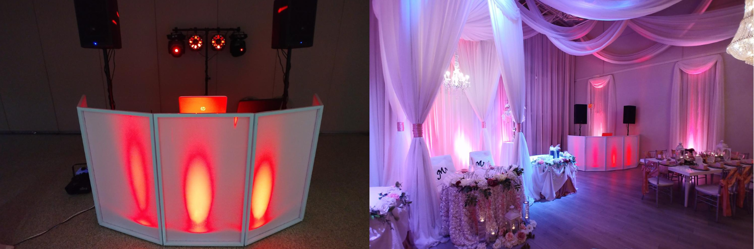 Elegant event space with a glowing white DJ booth and pink-purple uplighting, draped ceiling, and decorated tables.