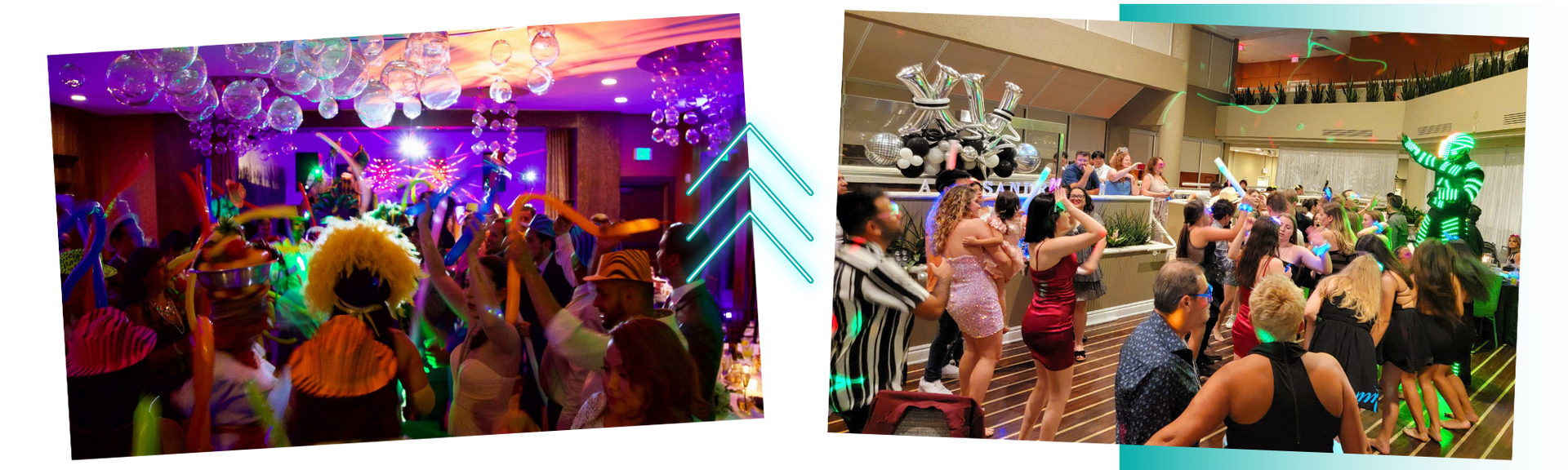 Crowd dancing at a colorful indoor party with purple lights and confetti