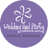 Purple circular WeddingAndPartyNetwork.com “Proud Member” badge with white floral logo