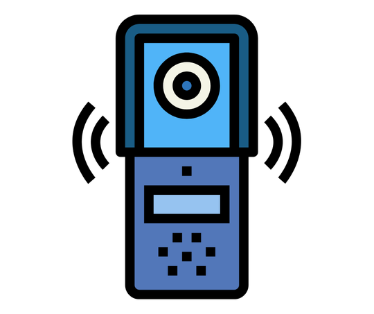 Blue video doorbell with camera, speaker, and buttons; emitting sound waves.