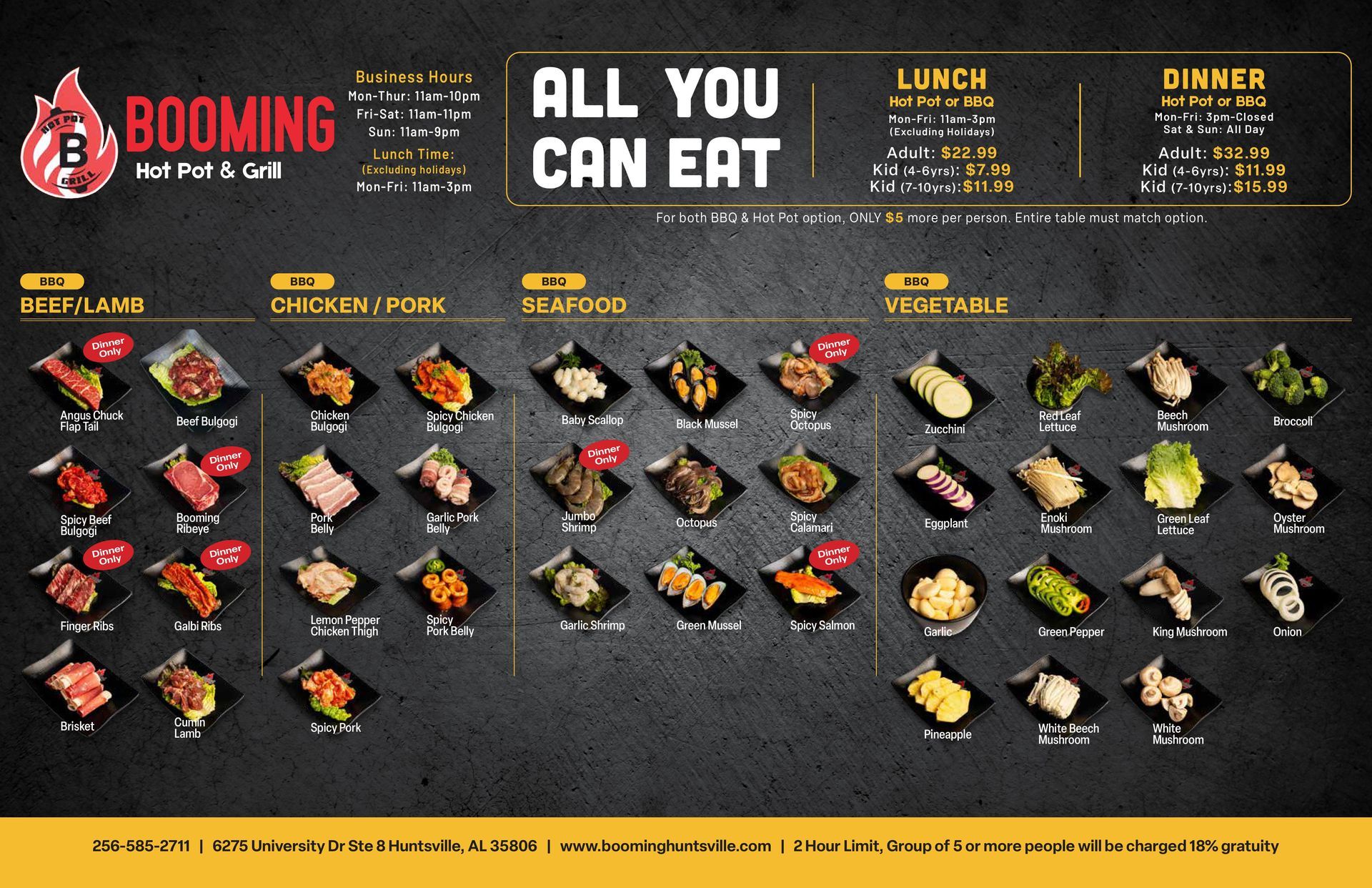 Booming Hot Pot & Grill take out Menu page 1. Click to see the pdf menu.
