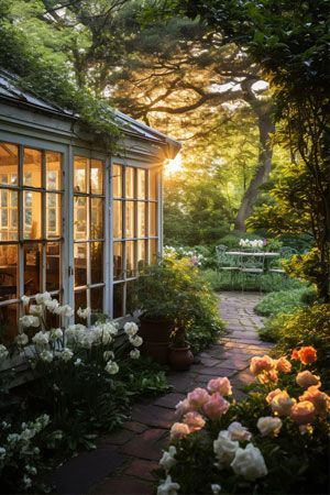 Sunlit conservatory Sunlit conservatory with a brick path, surrounded by blossoming flowers in a lush garden setting.