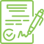 Green icon of a document with a signature and checkmark, symbolizing agreement or completion.