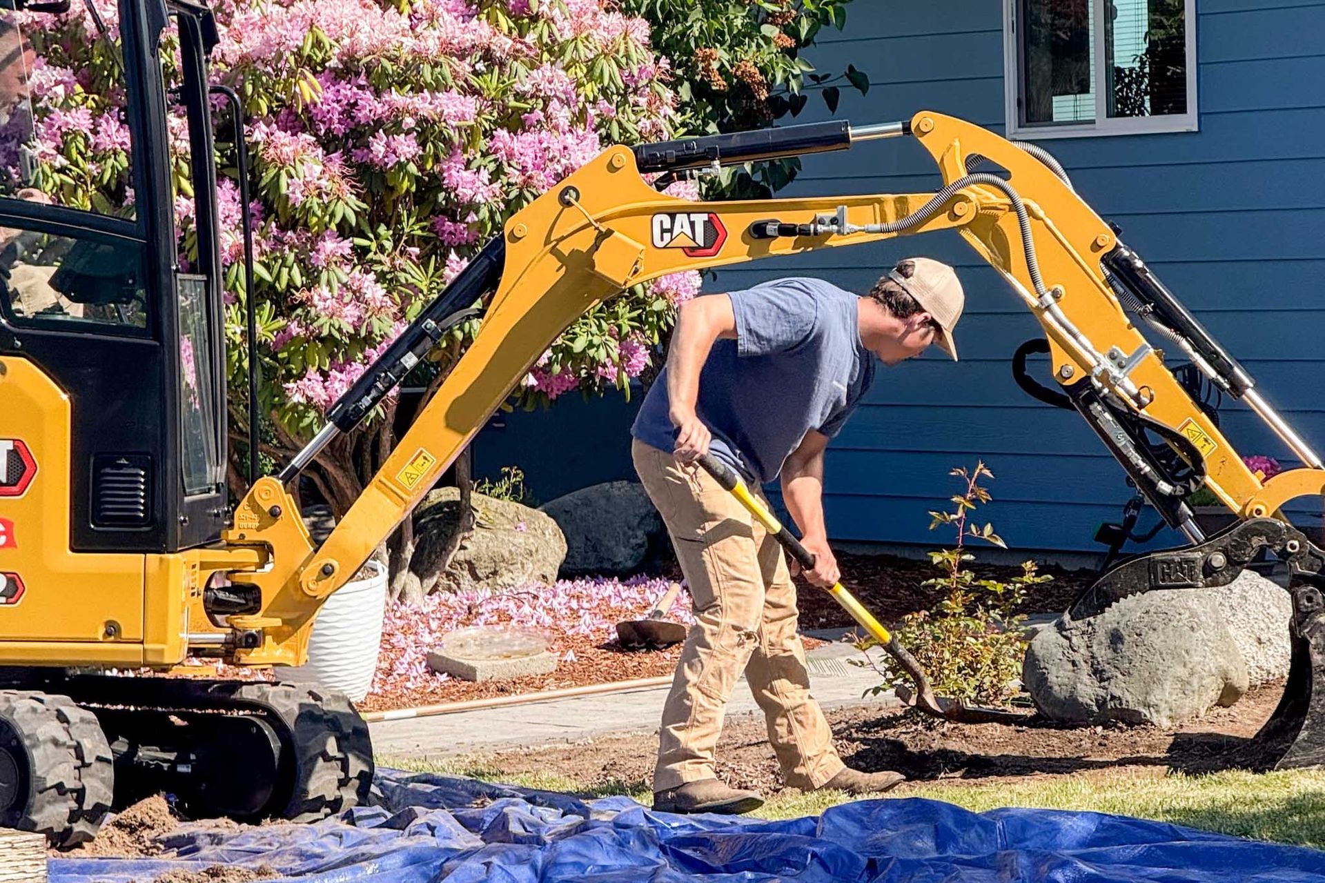 Man using shovel near yellow excavator in front of a blue house with blooming pink flowers.