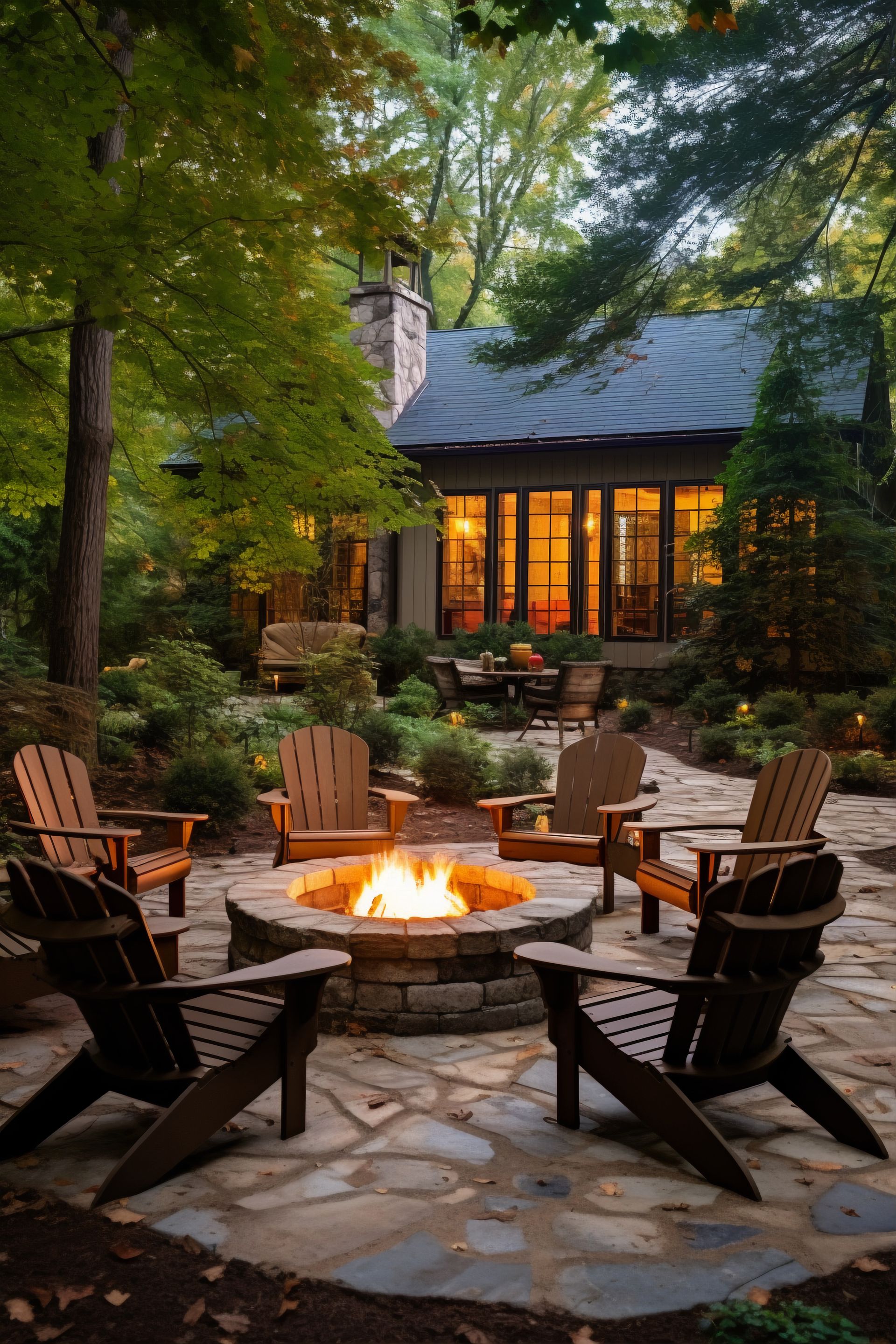 A fire pit surrounded by Adirondack chairs in a wooded backyard setting near a house.
