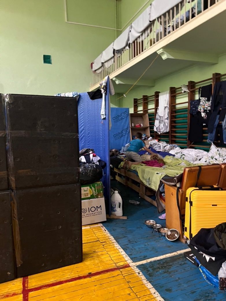 Kleiner Junge mit seinen Hunden im Flüchtlingslager