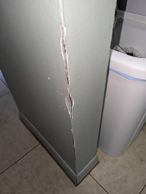 Cracked green wall corner next to a white trash can on a tiled floor.