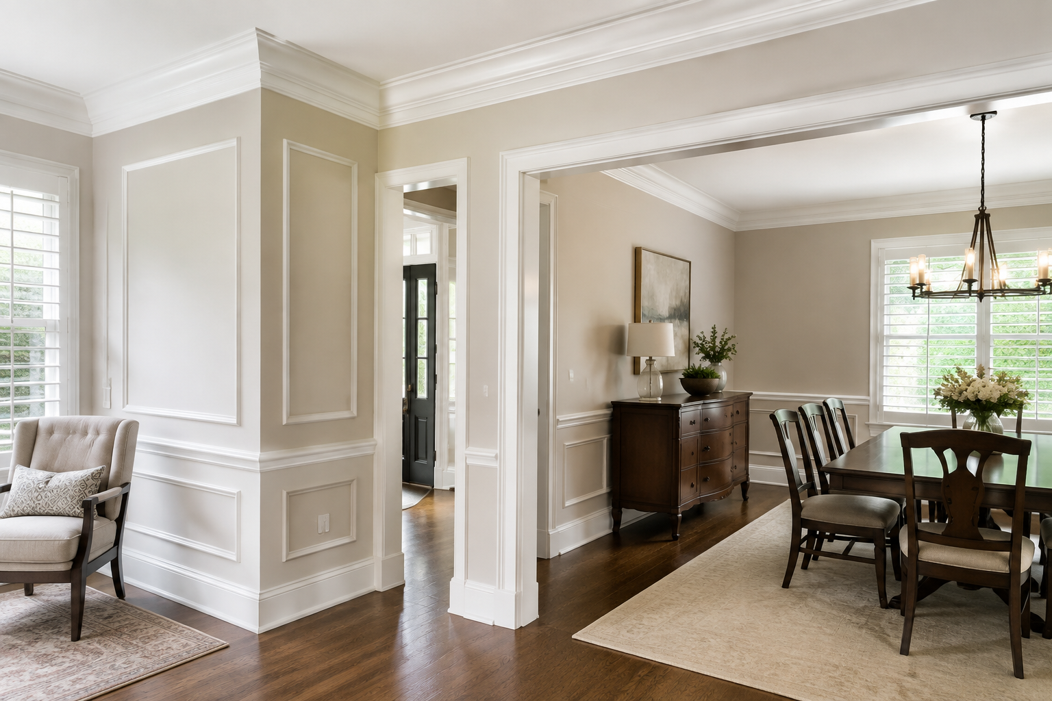 Black wrought-iron double front doors set in a brick entryway