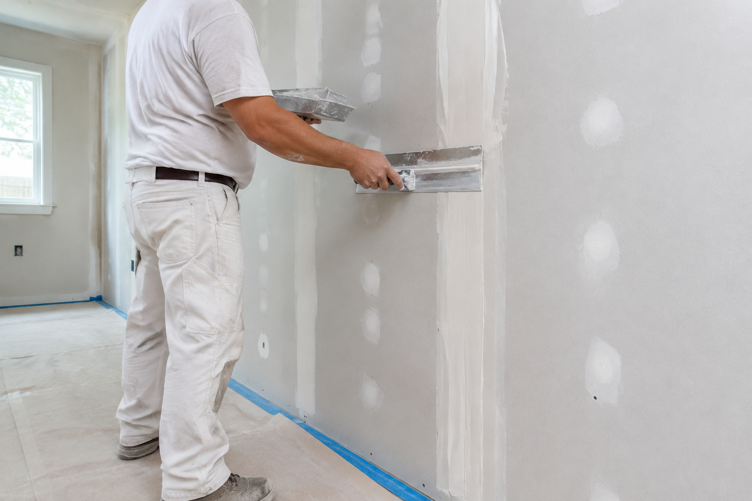 Person painting a wall with a roller, covering a patch of peeled beige paint.