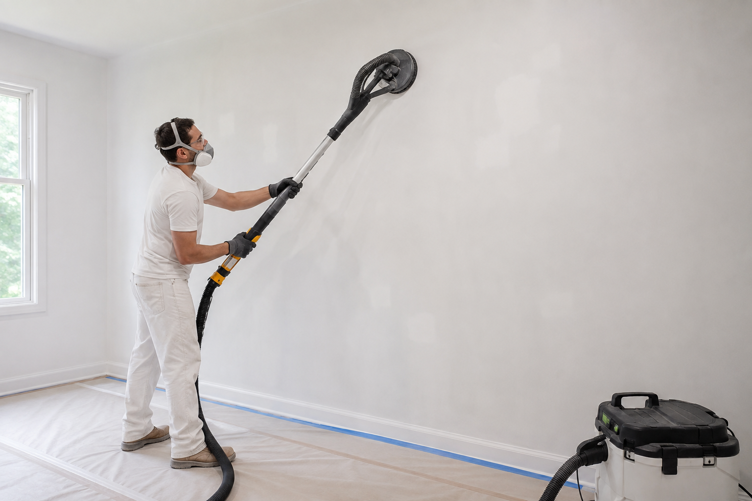 Water-damaged ceiling with a large brown stain and peeling paint in a white room