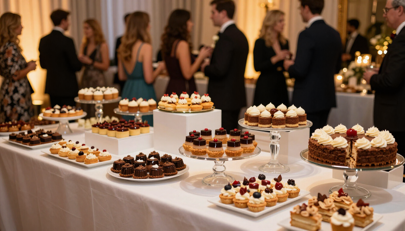 Dessert buffet with assorted pastries and cakes on a long table at a formal evening reception