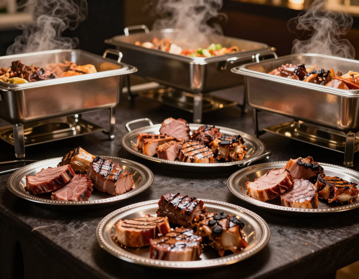 Steaming buffet with plated sliced meat and side dishes on a dark countertop