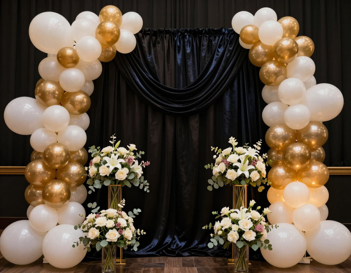 Gold and white balloon arch framing a black draped backdrop with two floral arrangements
