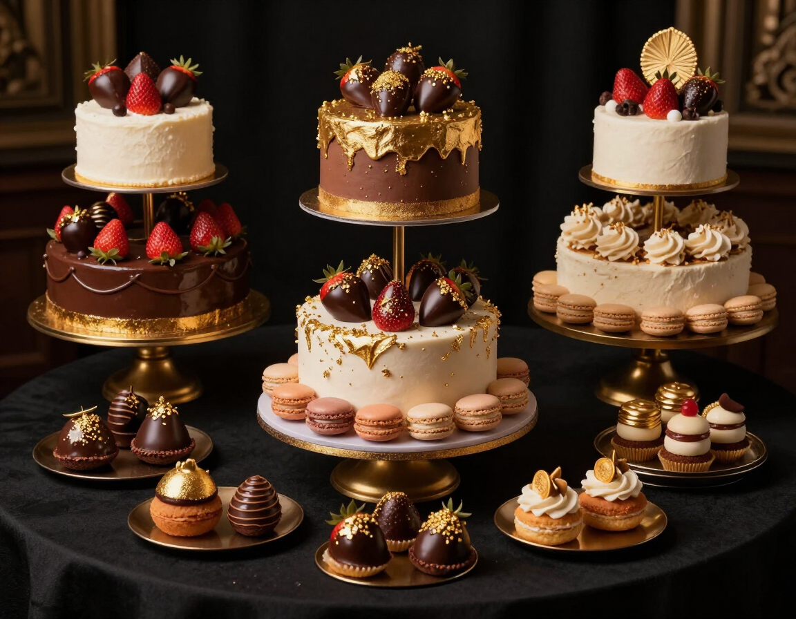 Assorted decorated mini cakes and pastries on a black display table, topped with berries and chocolate