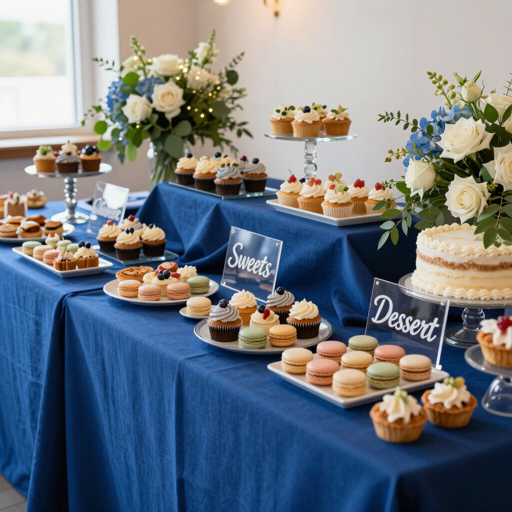 Dessert table with blue tablecloths, cupcakes, macarons, cakes, and white floral arrangements