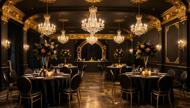 Elegant black-and-gold banquet hall with chandeliers, set tables, and floral centerpieces