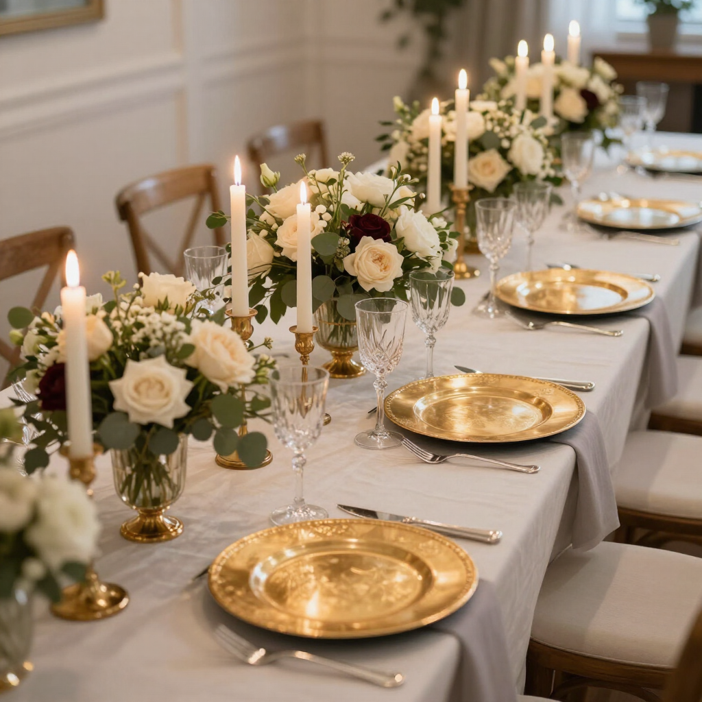 Elegant banquet table with white florals, candles, and gold plates on a beige tablecloth