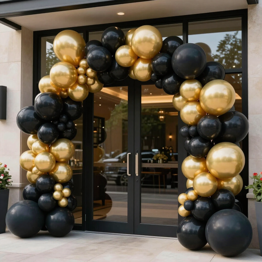 Black and gold balloon arch framing a glass storefront entrance