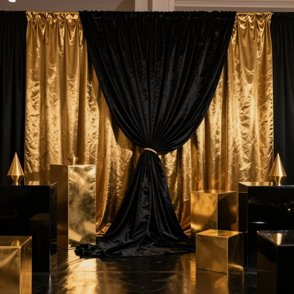 Gold and black draped stage backdrop with velvet curtains and mirrored pedestal tables