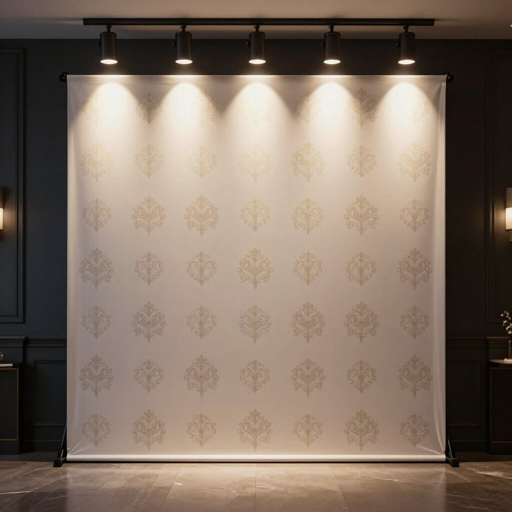 Patterned white backdrop on a black frame, lit by four spotlights in a dark room