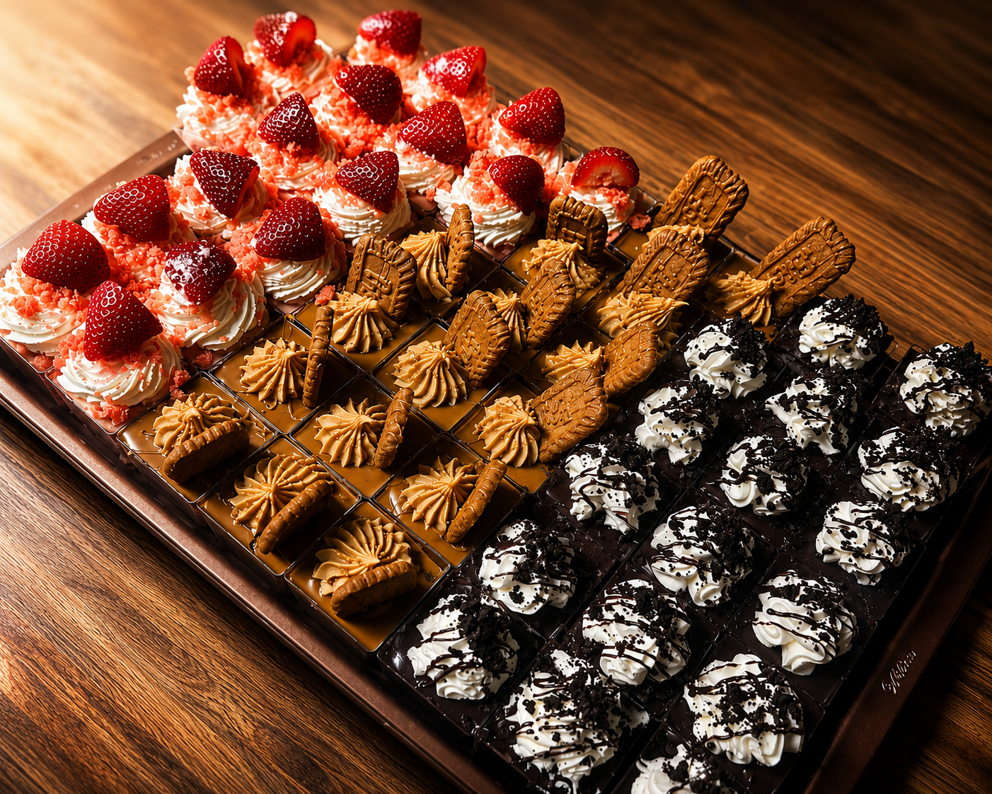 Assorted bite-sized desserts topped with strawberries, chocolate drizzle, and powdered sugar on a tray