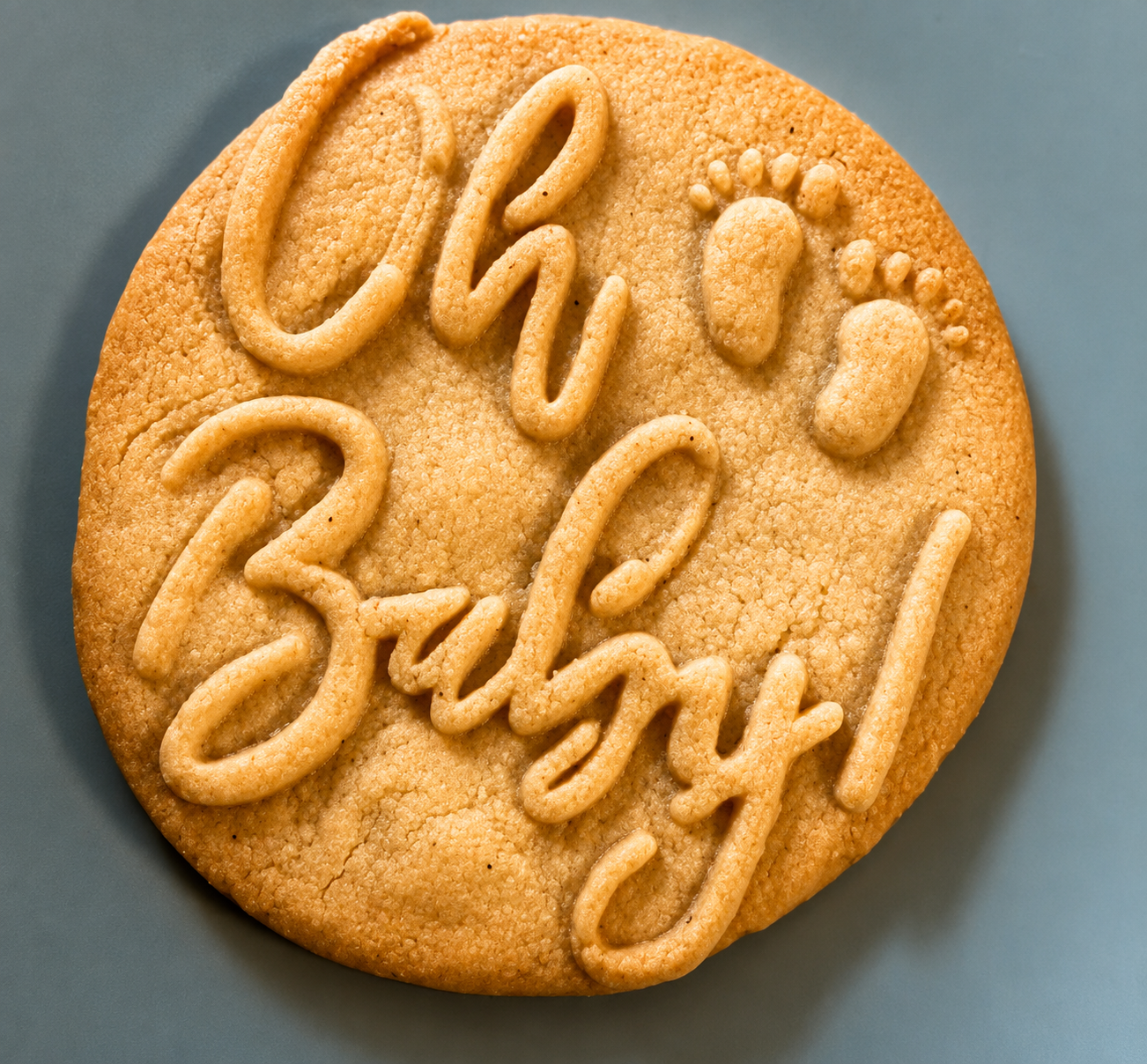 Round beige cookie embossed with “Oh Baby!” and a footprint design on a gray background