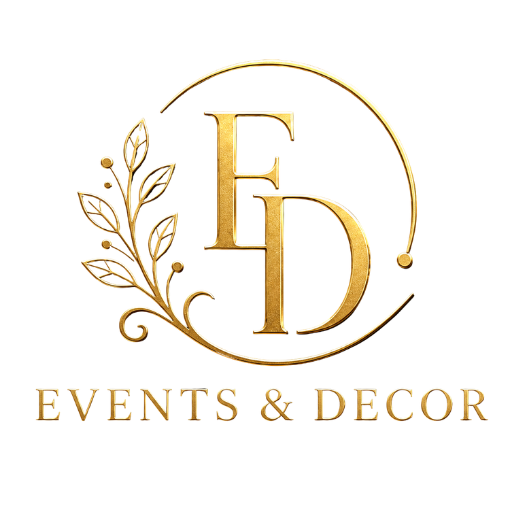 Gold ED monogram with floral wreath and “EVENTS & DECOR” text on white background