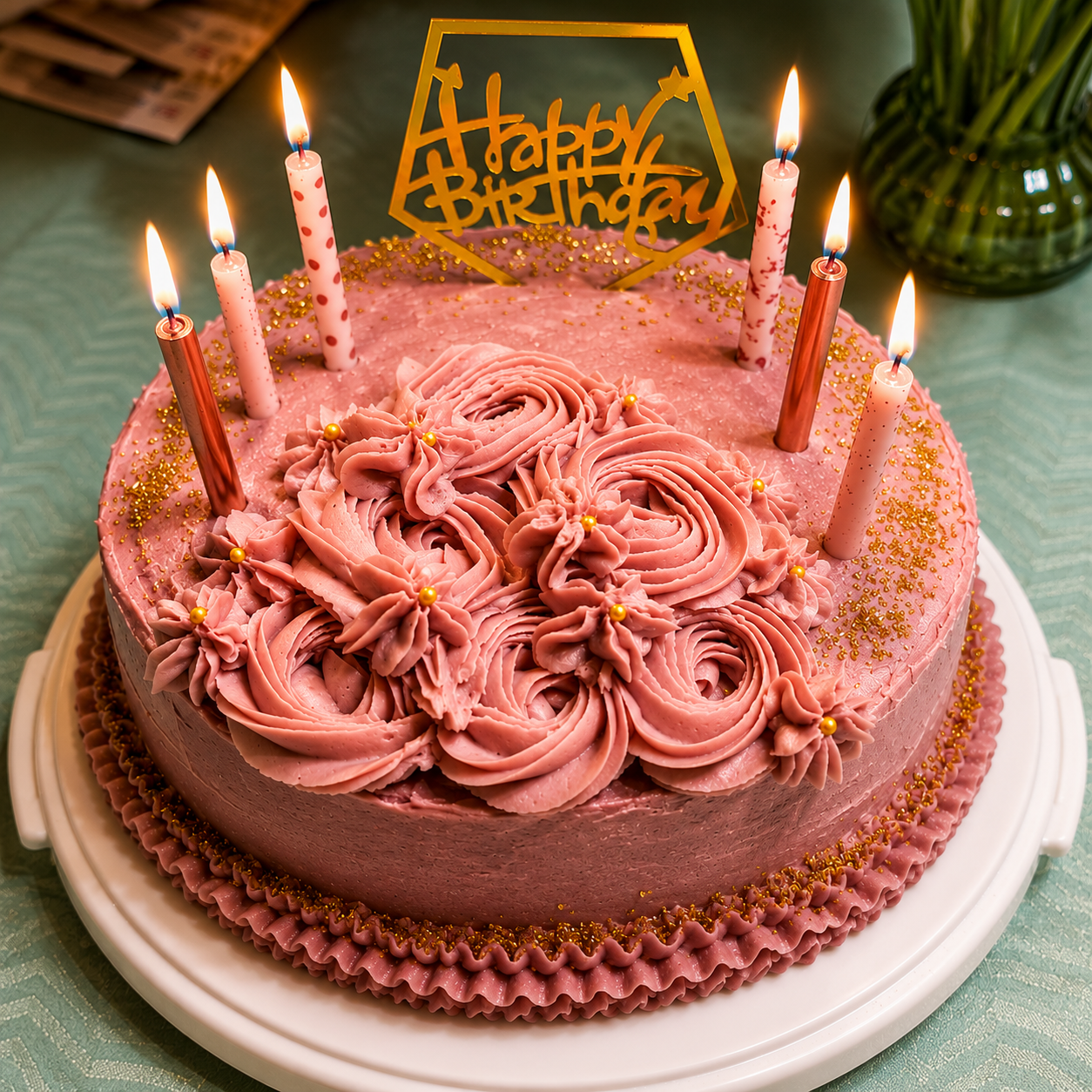Pink birthday cake with candles and “Happy Birthday” topper on a white stand