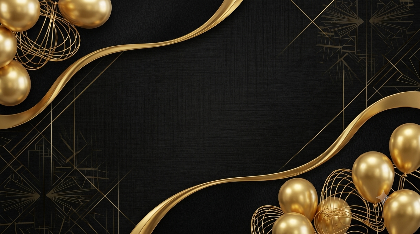 Black and gold festive border with balloons and ribbon on a dark textured background, leaving space for text