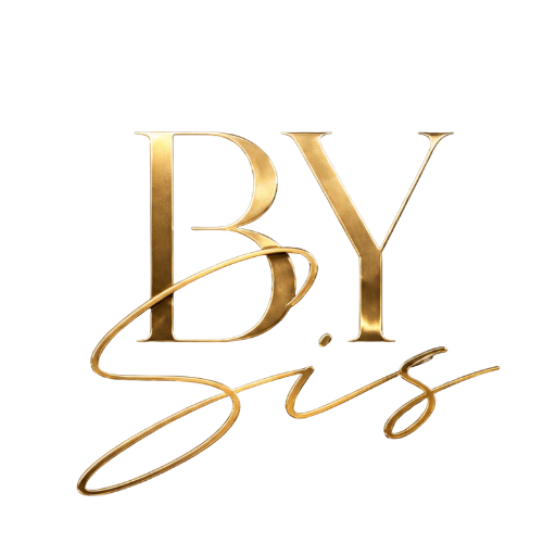 Gold “BY Sis” script logo on a white background