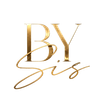 Gold “BY Sis” script logo on a white background