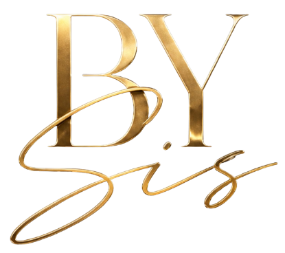 Gold “BY Sis” script logo on a white background
