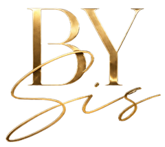 Gold “BY Sis” script logo on a white background