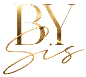 Gold “BY Sis” script logo on a white background