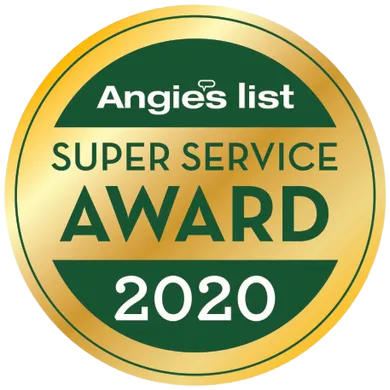 Angie's List Super Service Award 2020 gold and green circular badge