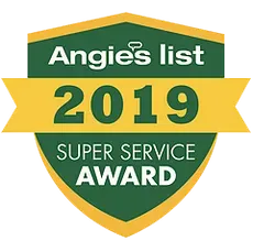 Angie’s List 2019 Super Service Award badge in green, gold, and white with shield design