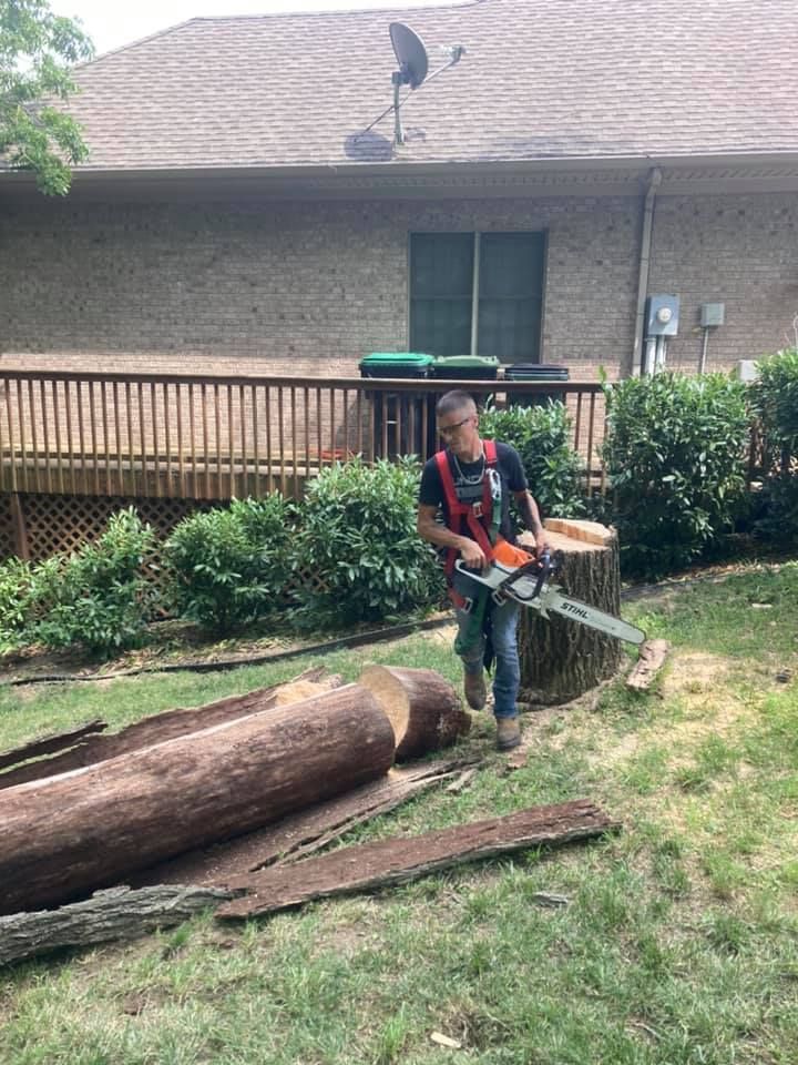 A man is cutting a tree stump with a chainsaw.