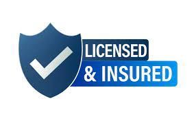 A blue shield with a check mark on it and the words `` licensed and insured ''.