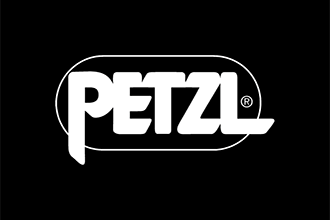 A white petzl logo on a black background