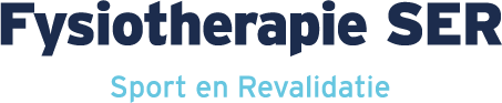 Fysiotherapie SER logo with blue text and tagline “Sport en Revalidatie” in light blue