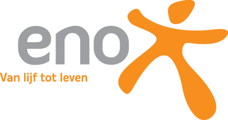 ENO logo with gray text, orange abstract figure, and tagline “Van lijf tot leven”