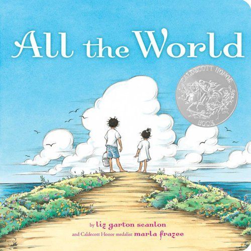 Children on a path toward large white clouds under the title “All the World” against a blue sky.