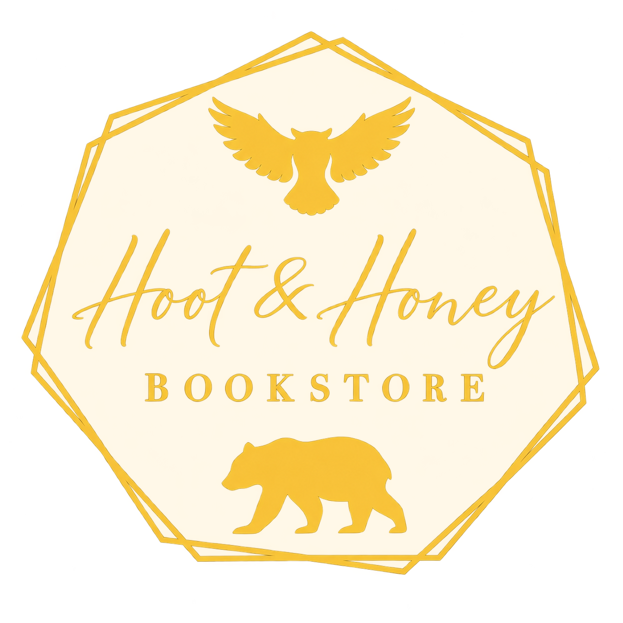 Gold logo with bird and bear icons, &ldquo;Hoot & Honey Bookstore&rdquo; in script inside a hexagon.