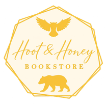 Gold logo with bird and bear icons, “Hoot & Honey Bookstore” in script inside a hexagon.