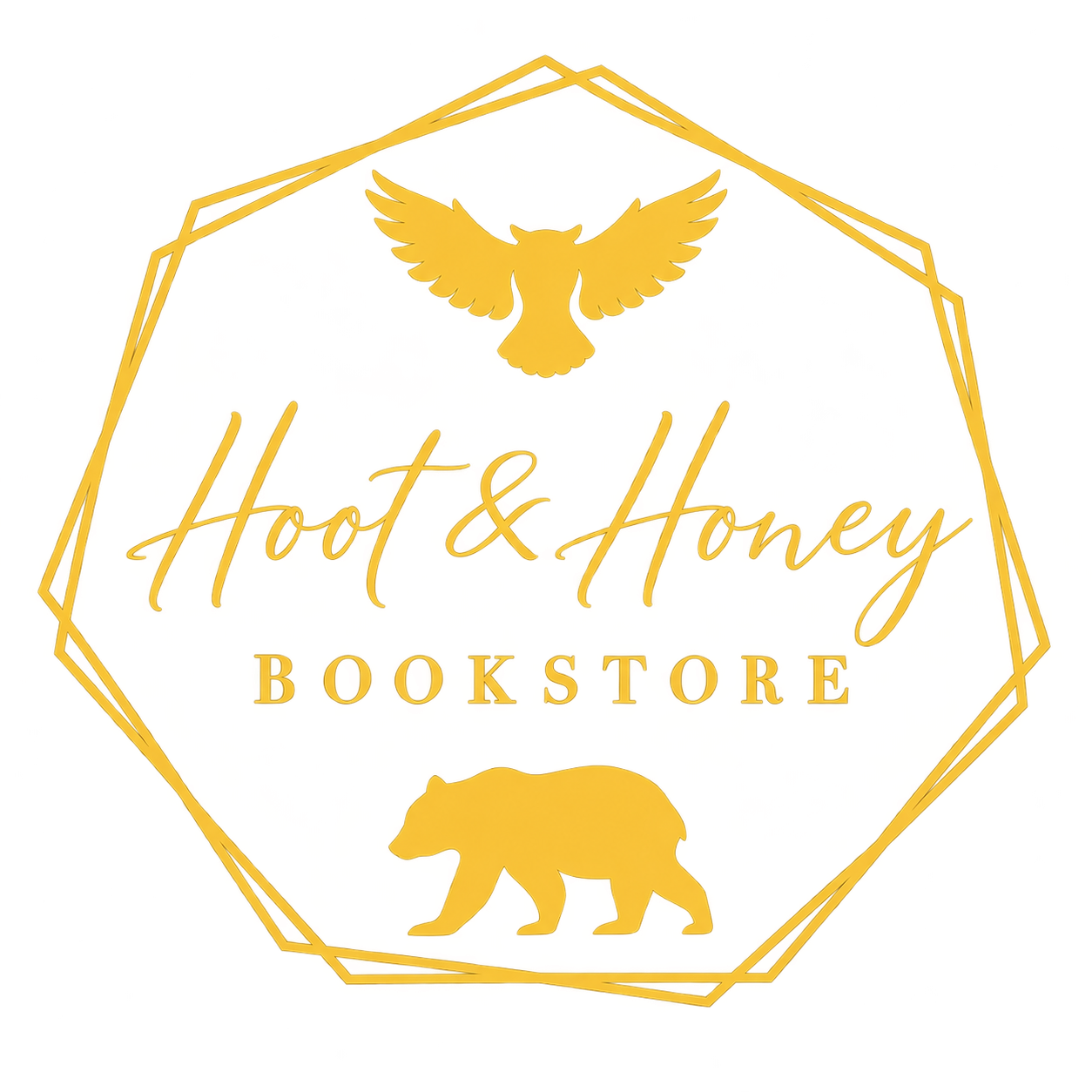 Golden logo for Hoot & Honey Bookstore with eagle and bear inside a hexagon.
