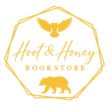 Golden logo for Hoot & Honey Bookstore with eagle and bear inside a hexagon.