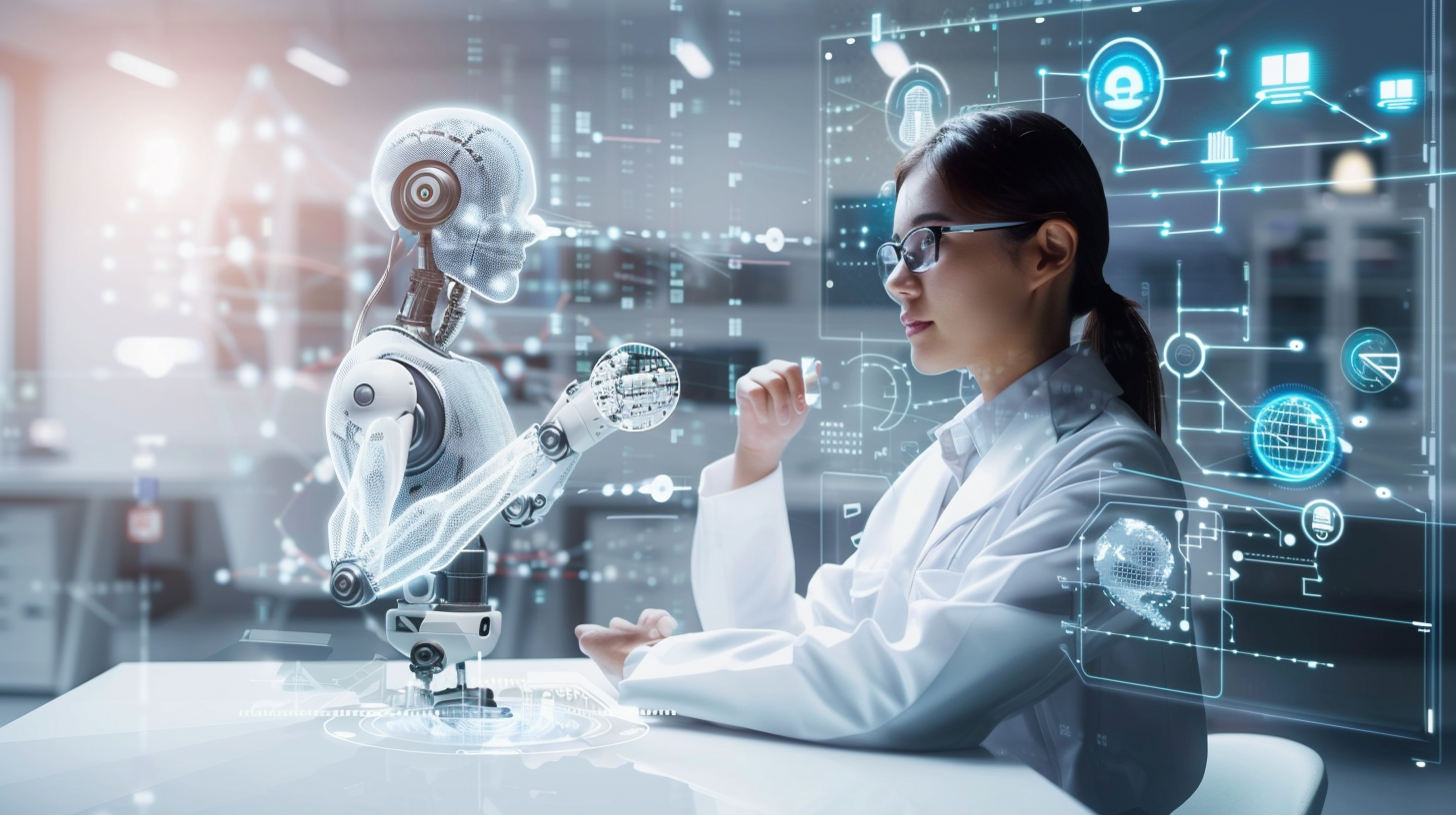 Scientist in white coat working with a humanoid robot in a high-tech lab interface