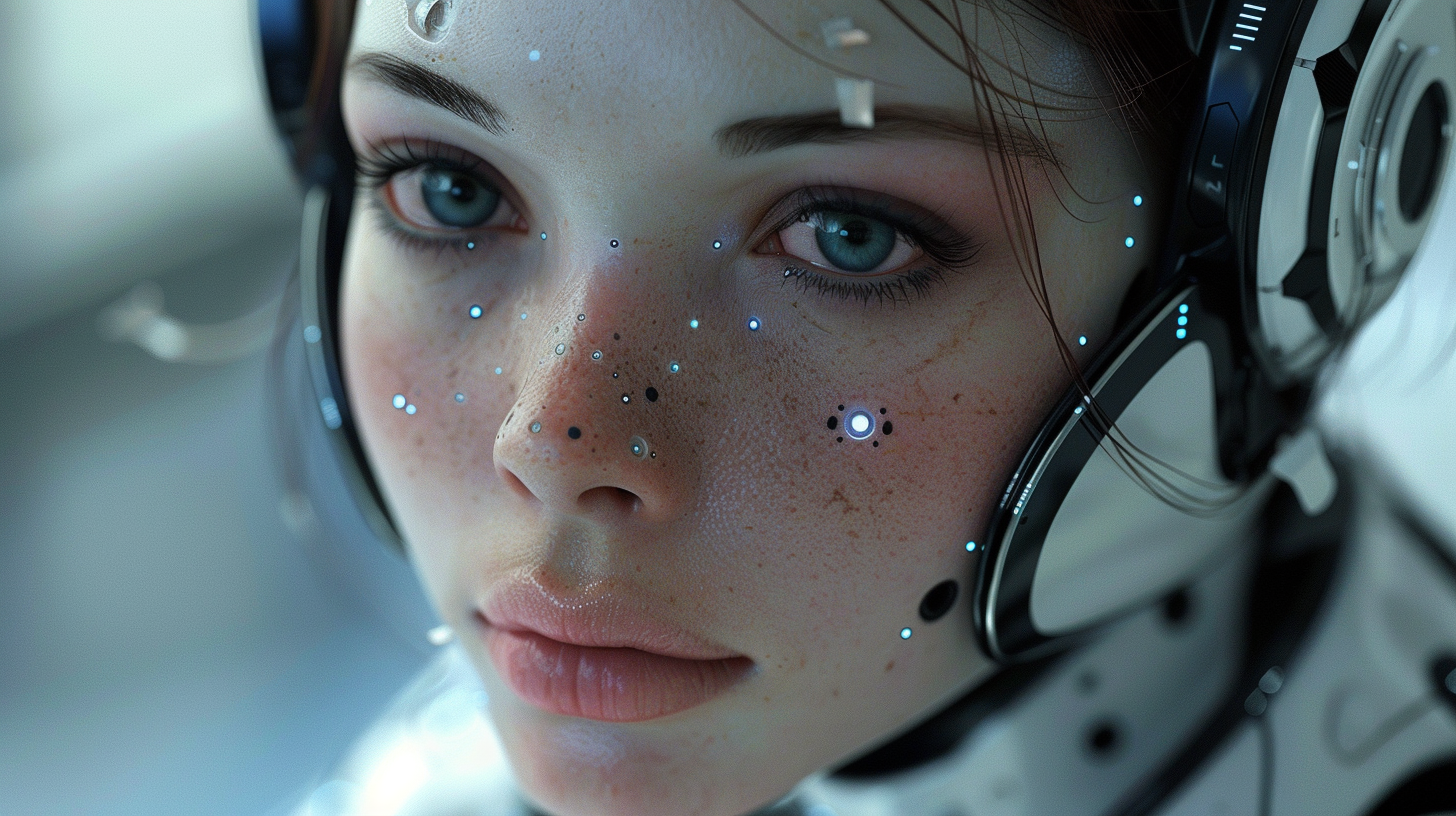 Close-up of a futuristic android face with blue eyes and metallic details, lit in cool tones
