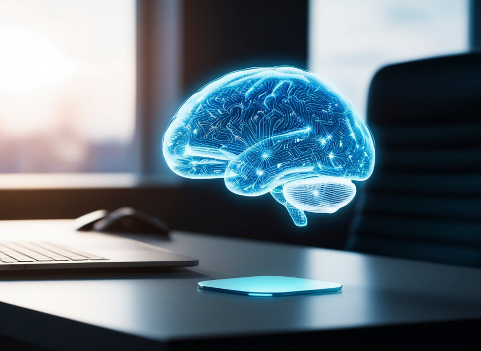 Glowing blue digital brain hovering above a desk with a laptop and mouse